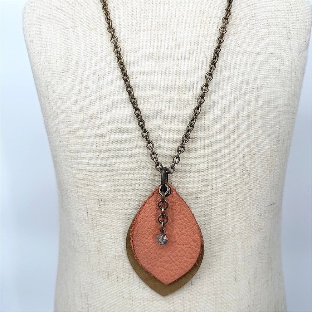 Boho Necklace Long Double Faux Leather Leaf Pendant Crystal Charm Earthy Rustic